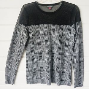Vince Camuto plaid long sleeve black top SZ8 sheer